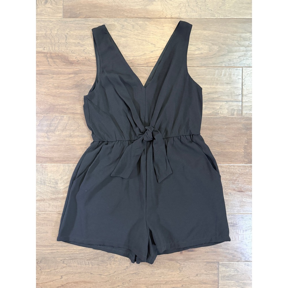 Lily Rose Womens Black Tie Front V-Neck Sleeveless Pocket Romper Small A1675U106 - Picture 1 of 7